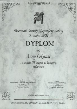 Dyplom dla Anny kawa za zajcie III miejsca w kategorii malarstwo.