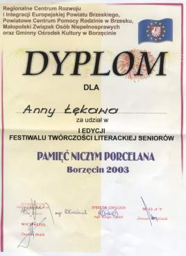 Dyplom dla Anny Łekawa.