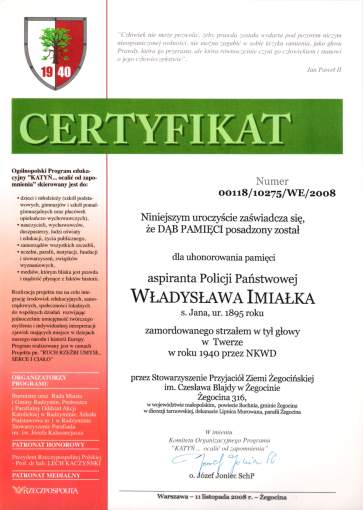 Certyfikat dla Dbu Pamici Wadysawa Imiaka (Imioka).