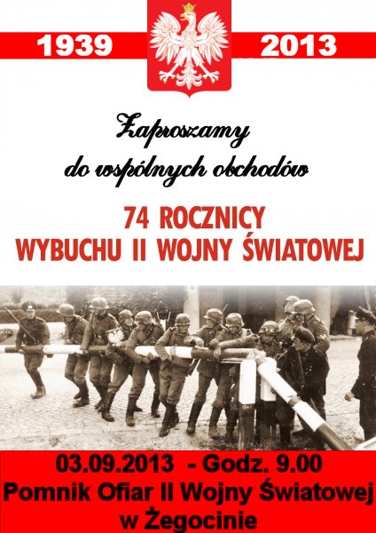 Zaproszenie na uroczysto z okazji 74. rocznicy wybuchu II wojny wiatowej.