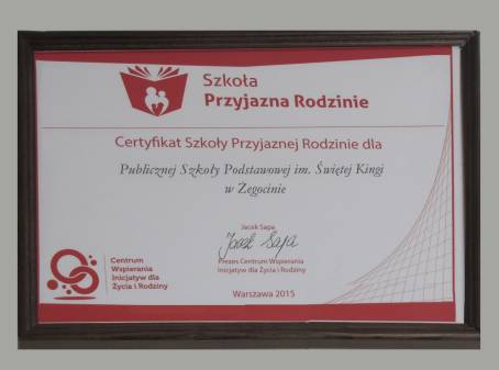 Szkoa Przyjazna Rodzinie - certyfikat dla PSP w egocinie - Tarnw  - 09.03.2015 r.