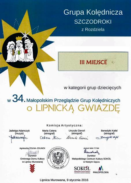 Dyplom dla grupy "Szcodroki" z Rodziela.