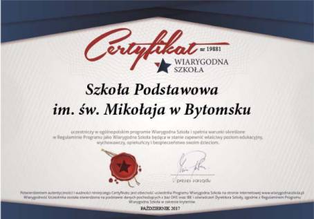 Certyfikat dla SP w Bytomsku.