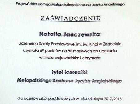 Natalia laureatką Małopolskiego Konkursu - 18.04.2018