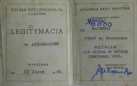 Legitymacja do medalu "Za udzia w wojnie obronnej 1939" - 1982 r.
