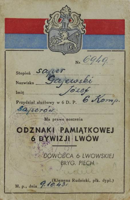 Legitymacja do odznaki pamitkowej 6 Dywizji Lww.