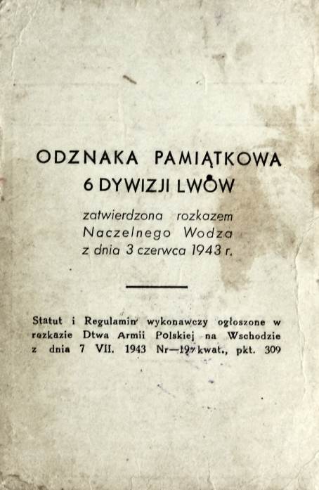 Druga strona legitymacji Odznaki 6 Dywizji Lww.