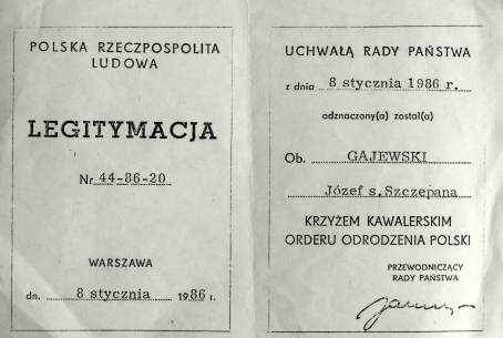 Legitymacja do Krzya Kawalerskiego Orderu Odrodzenia Polski"  - 1986 r.
