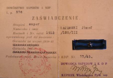 Zawiadczenie do odznaki "Gwiazda za wojn 1939 - 45".