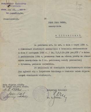 Dokument przeniesienia z Cikowic do Bytomska.
