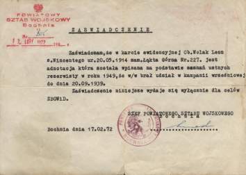 Zaświadczenie u udziale L. Wolaka w wojnie 1939 r.