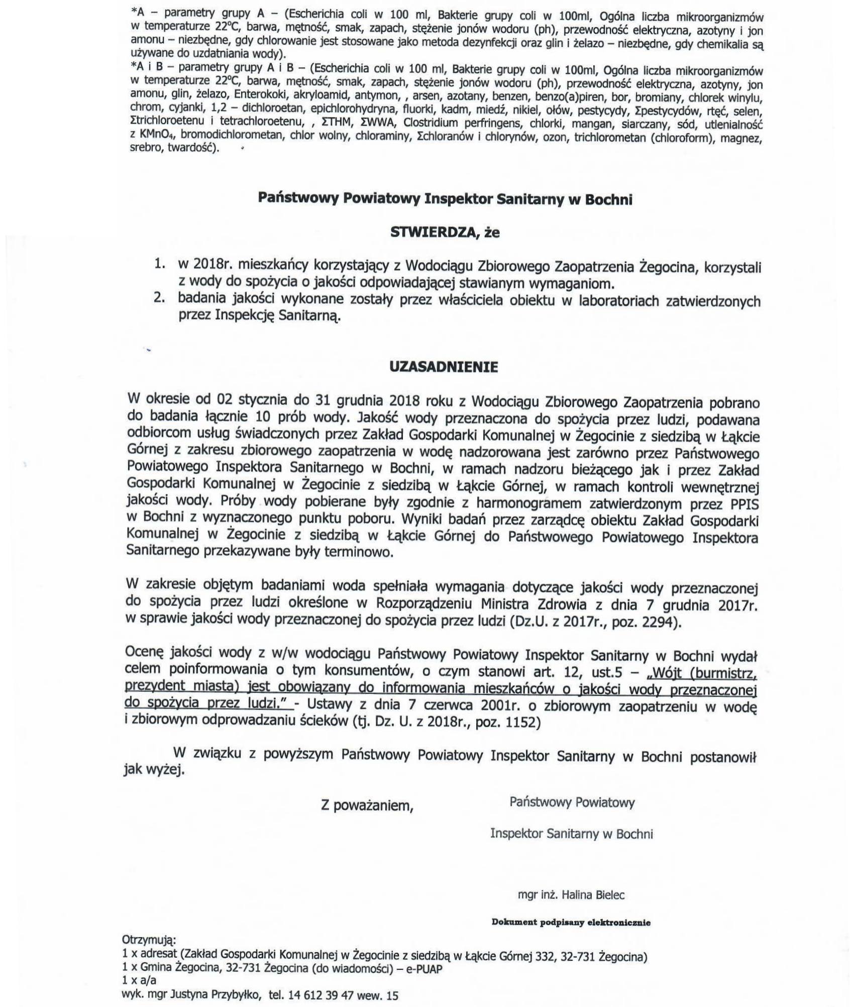 08.01.2019 - Okresowa ocena jakości wody przeznaczonej do spożycia w wodociągu zbiorowego zaopatrzenia Żegocina Gminy Żegocina od 02 stycznia do 31 grudnia 2018 r. 